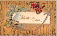 1911 Best Wishes Postcard of Pretty Forget-Me-Nots With a Monarch Butterfly picture