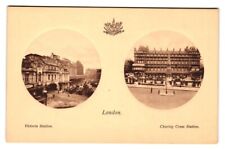 Postcard England London Dual View Victoria Station, Charing Cross Station c.1900 picture