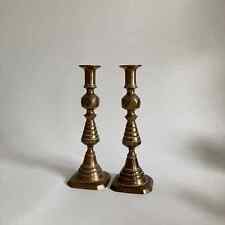 English Victorian Pair of Patinated Brass Beehive & Diamond Pattern Candlesticks picture