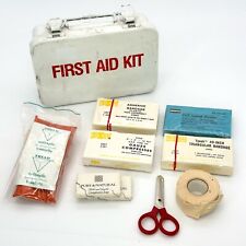 Vintage Metal First Aid Kit with Contents Bandages Gauze Mix of Sealed / Open picture