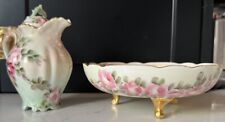 Hand Painted Roses Footed Bowl-Vienna Austria, Matching Creamer Pitcher-Unmarked picture