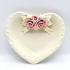 White Porcelain Bisque Heart Shaped Trinket Dish Pink Roses Wedding Victorian picture