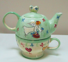 Vtg MESA INTERNATIONAL Ceramic Heart Angel Green Stacking Teapot & 1 Cup READ picture