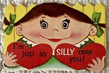 Unused Valentine Girl Wide Face Big Pigtails Silly Greeting Card 1950s 1960s picture