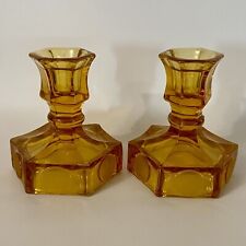Set Of 2 Vintage Fostoria Amber Coin Glass Single Light Candlestick Holders picture