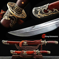 49CM+67CM 2 PCS Set Chinese Damascus Folded Steel Redwood Qing Dynasty Dao Sword picture
