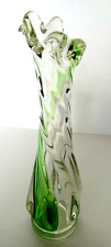 Vintage Green and Clear Twist Swung Art Glass Bud Vase Murano Style 8.75