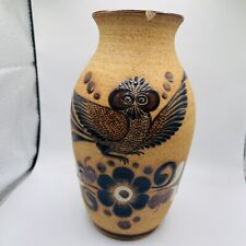 Mexican Vase Tonala Style Folk Art Owl Bird Pottery 8” Vase Damaged picture