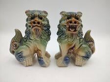 2 Vintage UC&GC Majolica Style Ceramic Foo Dog Guardian Lion Figurines Green  picture