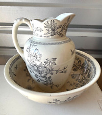 Antique Ceramic Wedgewood & Co Clematis Floral Pitcher & Bowl Set 1860's picture