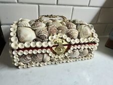 Vintage Seashell Trinket Box Clasp Metal Handle Jewelry Box w/ Red Velvet picture