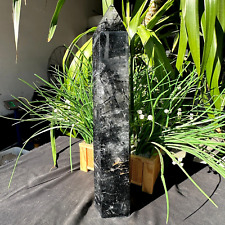 6.71LB TOP Natural black tourmaline Quartz obelisk Crystal wand point Healing picture