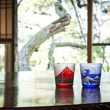 Pair Lot Edo Glass Cup Red Mt. Fuji Bule Big Wave Sakura Craft Japan vintage Fed picture