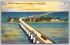 Overseas Highway Pigeon Key West Florida Birds Eye View Linen Old Cars Postcard picture