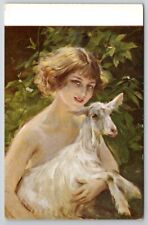 Tade Styka Polish Artist Pretty Woman Holding Goat Mascot In Forest Postcard C37 picture