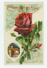 Vintage  Postcard BIRTHDAY  RED ROSE  LEAVES STEM HOUSE EMBOSSED  UNPOSTED picture