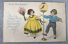 Vintage Postcard 1929 Birthday Boy Girl Birdcage Canary Series 1089 USA picture
