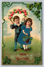 Antique Embossed Silk Birthday Greetings 1910 Postcard Sweet Children Flowers picture