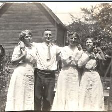 c1910s Young Man w/ 3 Women RPPC Smoking Pipe Girl Puppy Dogs Real Photo PC A126 picture