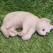 Vintage 8” Long Cat Kitten Concrete Stone Statue Made In England Glass Eyes picture