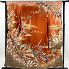 Woman Japanese Kimono Furisode Silk Goshoguruma Crane Gold Foil Reddish Brown picture
