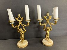 Pair Of Antique Candelabra/Enamel/Bronze/Candle Holders/Cherub/Onyx/France C1920 picture