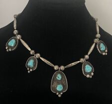 Vintage Navajo Native American Turquoise & Sterling Squash Necklace picture