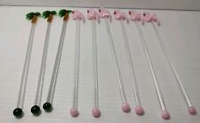 Vintage Set Of 9 Flamingo And Palm Tree Blown Glass Swizzle Sticks Stirrers picture