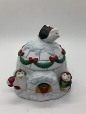 VT Penguins Christmas Decorated Igloo Trinket Box WELCOME 1995 FIGI'S Candy Dish picture