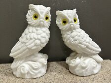 2 Vintage White Alabaster Stone Horned Owl Figurines Yellow Eyes Made Italy EUC picture