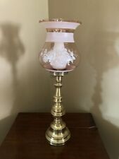 Vintage Brass Table Lamp With Pink Frosted Fluted Glass Shade White Roses 29” picture
