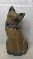Cute Vintage Hand Painted Carved Wood Wooden Kitty Cat Figurine Closed Eyes 7” picture