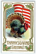 c1910's Thanksgiving Greetings Turkey Holly Berries Embossed Antique Postcard picture