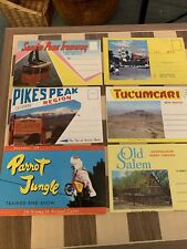 6 postcard souvenir folders Old Salem Parrot Jungle Pikes Peak Sandia Peak picture