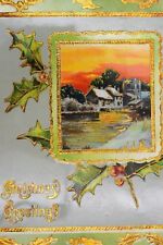 C. 1912 Vintage Embossed Christmas Postcard-Holly Berry-Sunset-Small Town-River picture