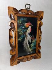 Mexican feather art painting hand carved wood frame feathercraft Mexico City art picture