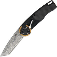 Mantis Gearhead Folding Pocket Knife Black CF Damascus Tanto Blade picture
