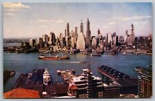 Lower Manhattan New York City Birds Eye View Skyscrapers Boat Waterway Postcard picture