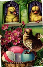 1910 Chicks Looking Out Window Fantasy Antique Easter Postcard picture