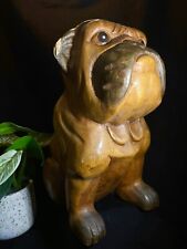 Vntg CARVED SOLID WOOD BULLDOG , Doorstop, Almost Life Size CHIP ON EAR Cracked picture
