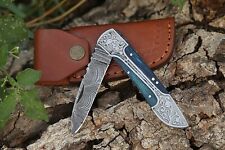 Damascus handmade Folding Knife Pocket knife camping Hunting Knife with Pouch picture