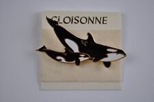 Vintage Cloisonne Orca And Baby Brooch Pin Black And White Beach picture