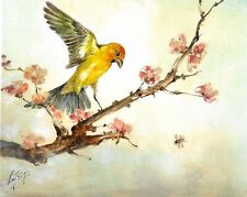 ✪ Original Oil Portrait Painting WESTERN TANAGER Flower Bird Artist Signed Art picture