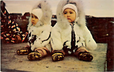 1957 Eskimo Twins Alaska Artic Fairbanks Native American Vintage Chrome Postcard picture