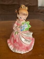 Vintage Enesco Happy Birthday Girl Figurine Pink Dress Flowers picture