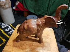 Vintage Brown Leather Wrapped 13 ¾” H Elephant Figurine Lucky Trunk Up picture