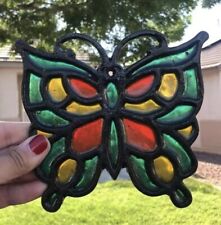 Black Cast Iron Multicolor Stained Glass Butterfly Trivet Vtg Wall Art  picture