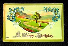 Postcard Happy Birthday, Village Scene, Blue Flowers, Ribbon, DB Posted 1909 picture