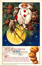 Vintage Winsch Beautiful Schmucker Girl, Clown, JOL & Owl Halloween Postcard picture