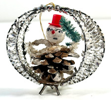 vtg Christmas silver foil snowman tree ornament japan picture